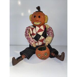 Vintage Paper Mache‎ Pumpkin Doll w/ JOL Hand Made Knitted Outfit Doll Eyes AL7